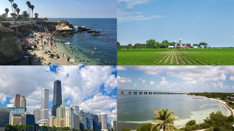 An image with four panels: La Jolla Cove, Midwest farm, Chicago skyline, Overseas Highway in Florida Keys